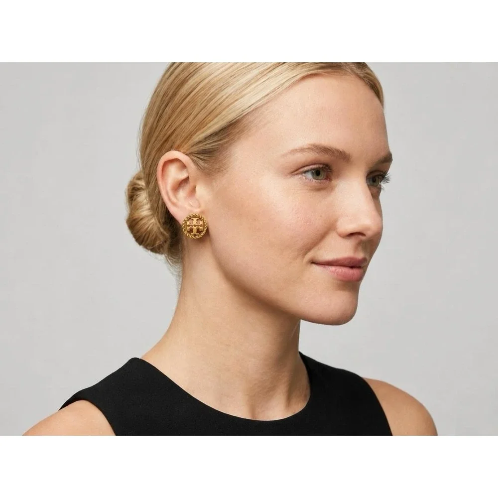 NWT Tory Burch Rope Logo Circle Stud Earrings in Gold / Dustbag Included